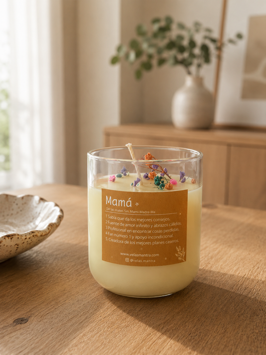 Velas aromáticas de cera color amarilla en esencia mantra y mensaje mamá