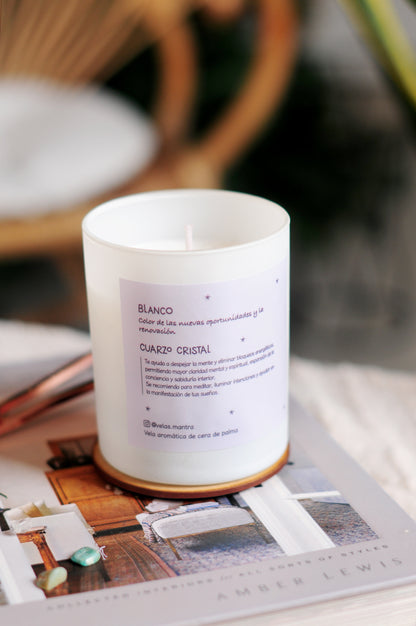 Vela Aromática color blanco con cuarzo cristal